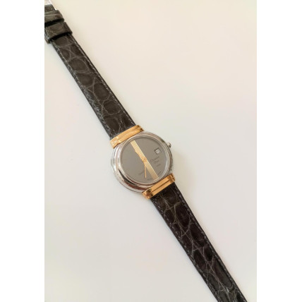 VINTAGE Christian Dior γυναικείο ρολόι με επίχρυσο και ασημί καντράν και μαύρο δερμάτινο λουράκι (VIN11)